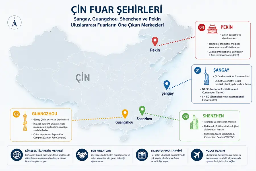 Çin fuar şehirleri Şangay Guangzhou Shenzhen Pekin ticari dağılımı