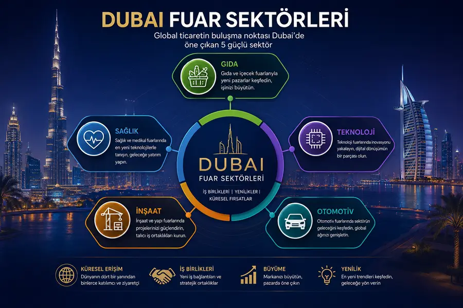 Dubai fuar sektörleri gıda sağlık teknoloji inşaat ve otomotiv infografiği